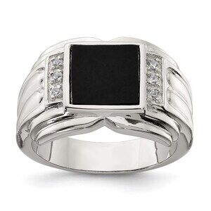 925 Sterling Silver Genuine Fine Jewelry Rhodium-plated CZ & Onyx Ring